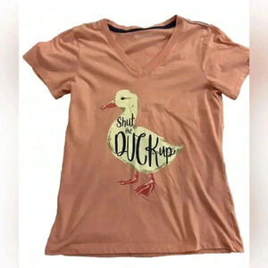 Women’s Little Blue House Pink ‘Shut The Duck Up’ V Neck T Shirt Size Small